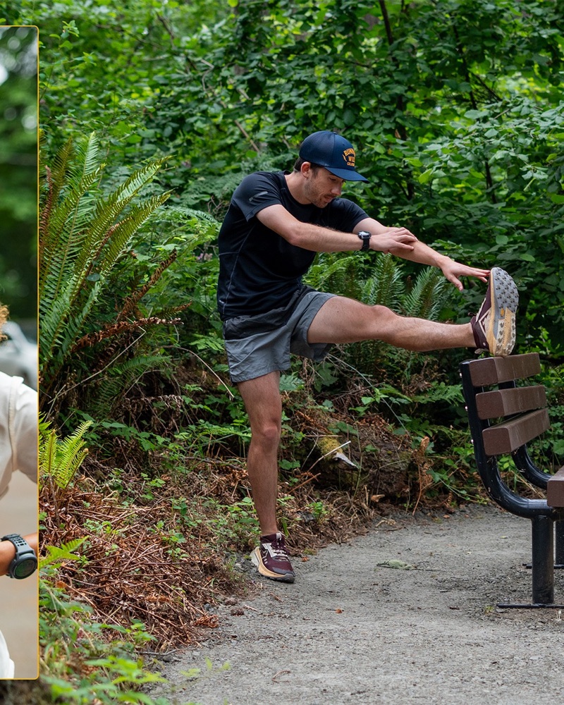 Slide 4: stretching on a bench, left half